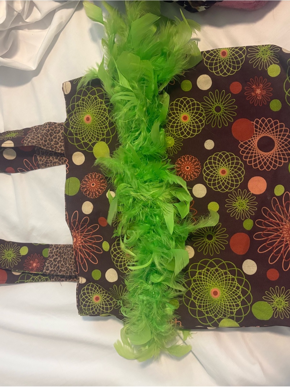 Brown Floral Tote with Lime Green Feather Boa Accent